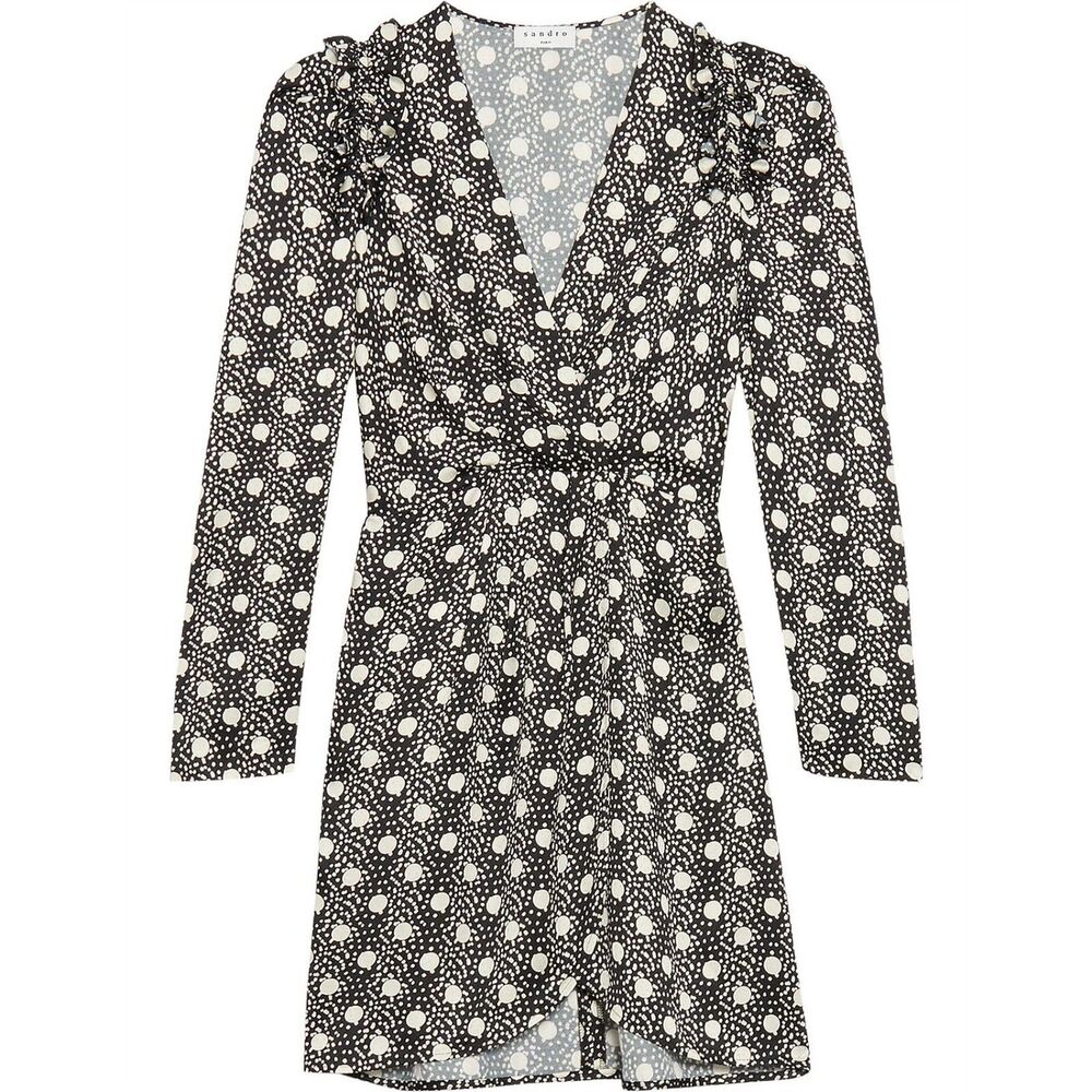 Sandro Paris Roxane Black & White Wrap Dress NWT Dotted